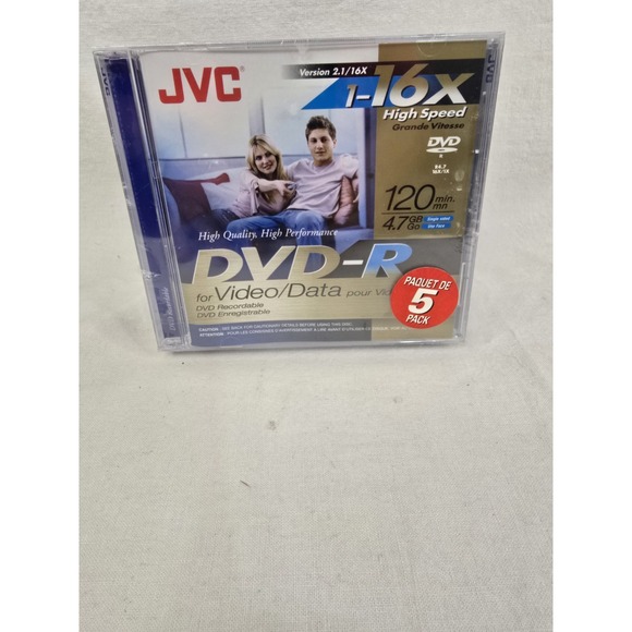 JVC 5-Pack‎ 16x high speed DVD-R recordable DVD's 120 min, 4.7 GB factory sealed - Picture 1 of 4
